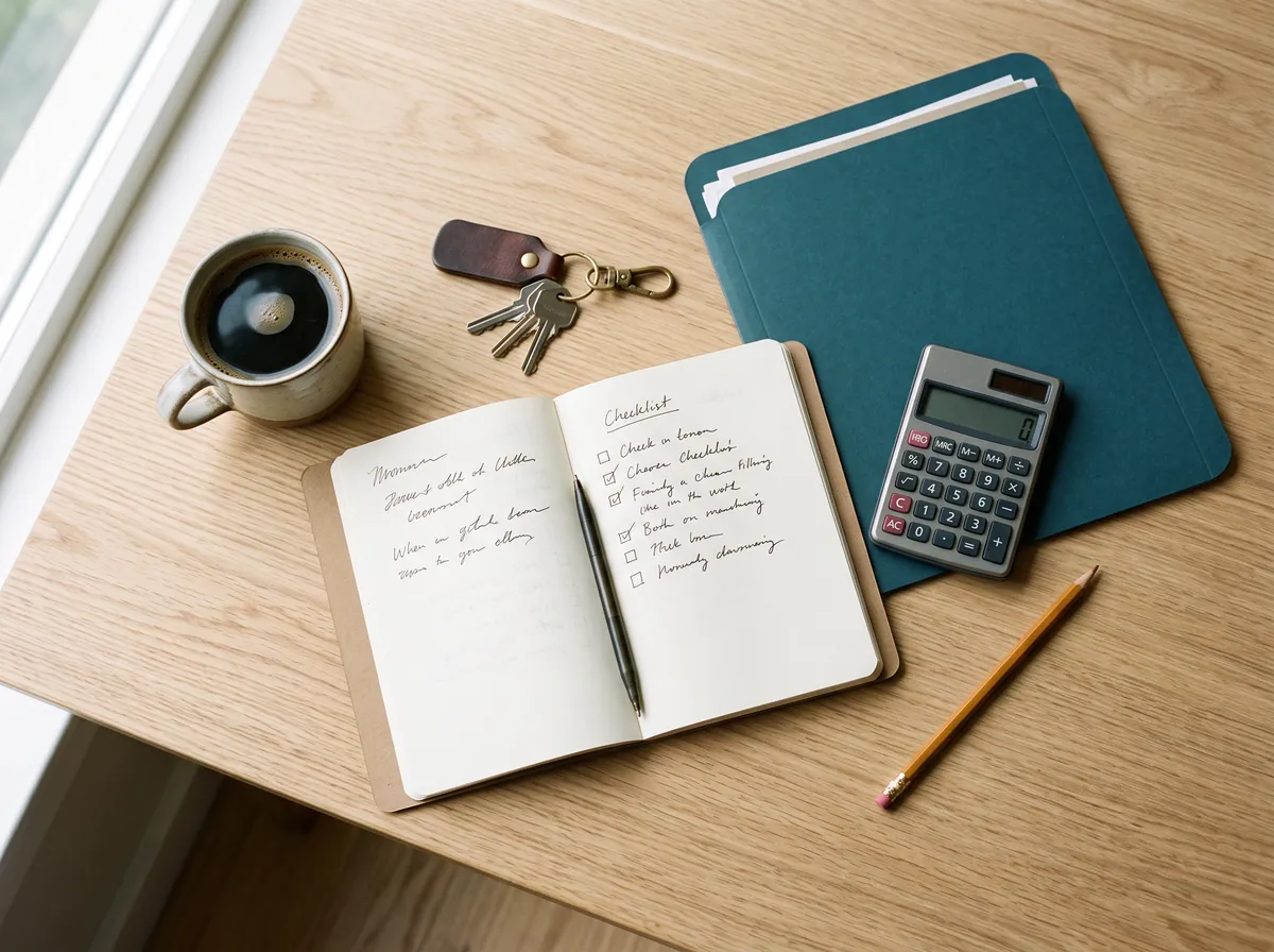 Libreta con checklist, llaves de casa y calculadora sobre una mesa