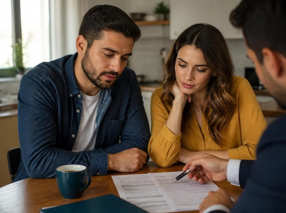 Pareja revisando su comparativo de crédito hipotecario por escrito en la mesa de su cocina